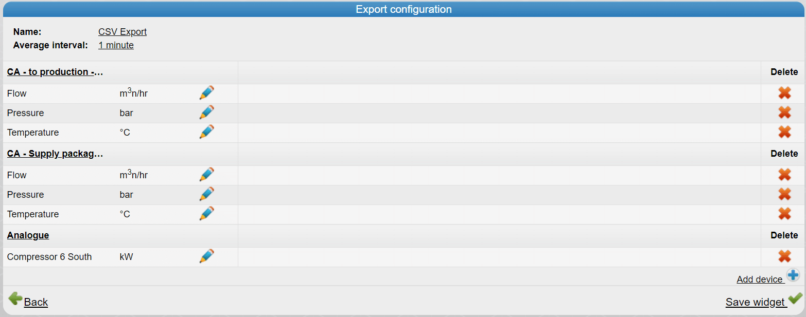 VPVision export configuration screen