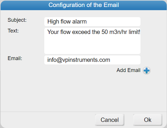 VPVision e-mail configuration screen
